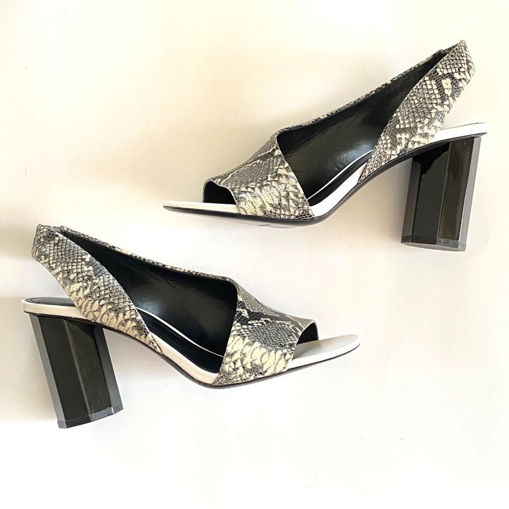 Donald Pliner slingback heels asymmetric‎ open toe snake reptile sz 8M 8